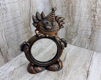 Miniature Antique Metal Photo Frame: Clown Motif, Rotating Mirror