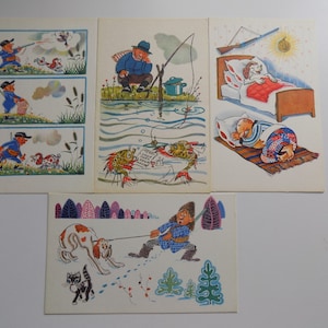 Stare karty komiksowe Radzieckie pocztówki Zestaw 13 Retro karykatury Rysunki Zabawna karta żartu Wędkarstwo łowiectwo Hobby Artysta ZSRR Stary papier