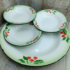 Vintage Emaille Teller Set 4Stk Korea Coole Emaille Schale Grün Rund Rustikal Kleine Emaille Schale mit Druck Blume Küche Rustikal