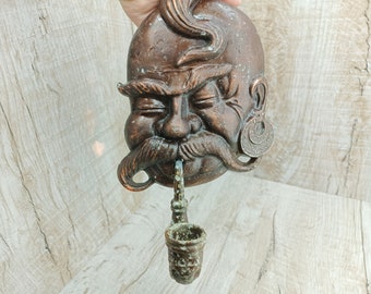 Vintage Wall-mounted bronze candlestick Taras Bulba Cossack with pipe Copper cradle Mustache earring forelock Grandfather with cigar decor