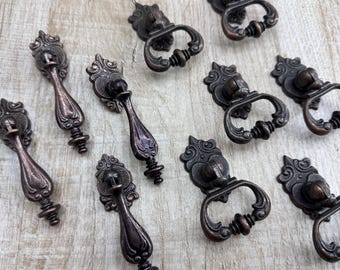 Small gold pulls Vintage Bronze Ornate Pulls Brass Cabinet round Pull set Small Brass Barrel Hinge classic gold decor Oval small handles