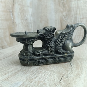 Vintage candlestick with lion Metal candle holder tetramorph Ritual candlestick Stand two candles Copper Metal Candlestick man Lion symbol