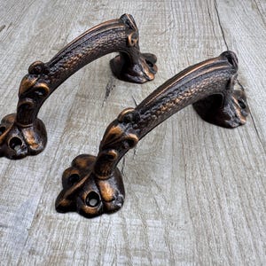 May include: Two bronze door handles with detailed, textured patterns. The handles feature a curved design with decorative floral and leaf accents. They are set against a light wood-grain background, highlighting their intricate craftsmanship.