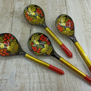 Vintage spoon Floral wooden spoons Set khokhloma spoons Black rare art gilding Spoons unique 4 spoon gift antique spoon rare spoon large set