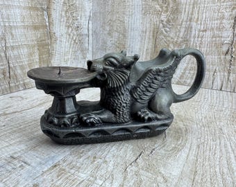 Vintage Griffon Candlestick: Medieval Bronze Metal Candle Holder