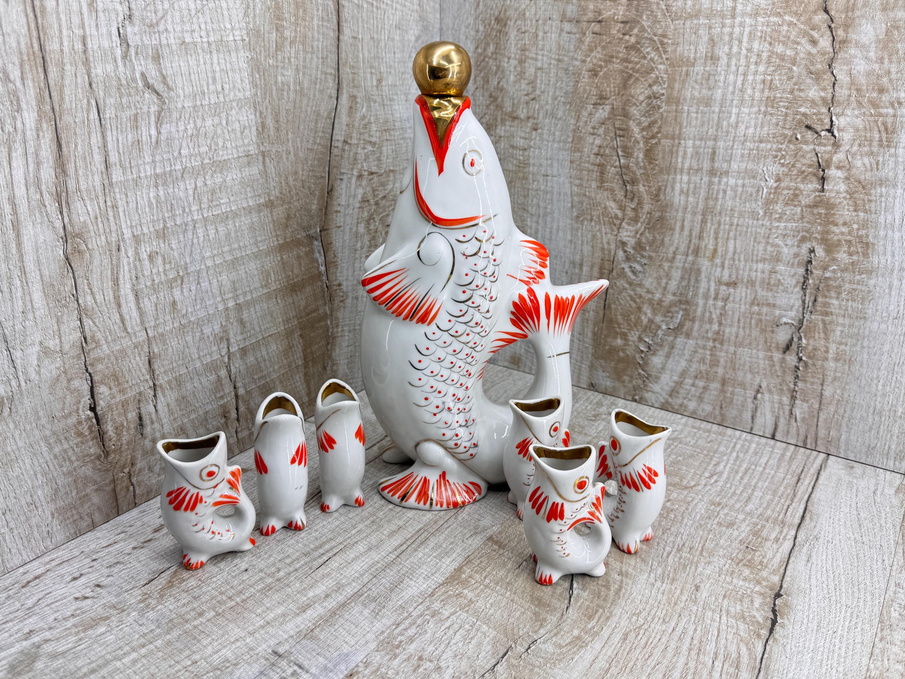 Porcelain Fish Set Drinking Vintage Bottle Polonne ZHK USSR