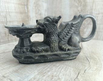 Vintage Bronze Lion Candlestick: Medieval Griffin Decor