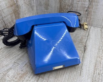 Blue Rotary Desk Phone, 1980s Vintage Telephone new old stock