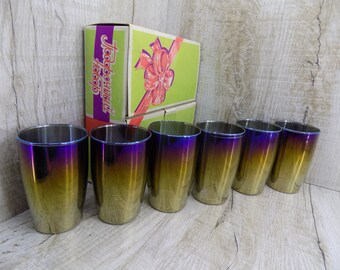 Vintage Drinking glass 6 pcs Iridescent Water Tumblers Vintage glass for juice Unusual color Unique glass