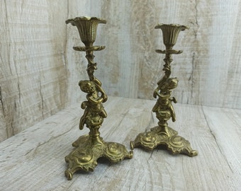 Unique candlesticks double French baroque decor Candle holder children in dresses angel Vintage Ornate Cast Iron Black Pair Hangings Soviet