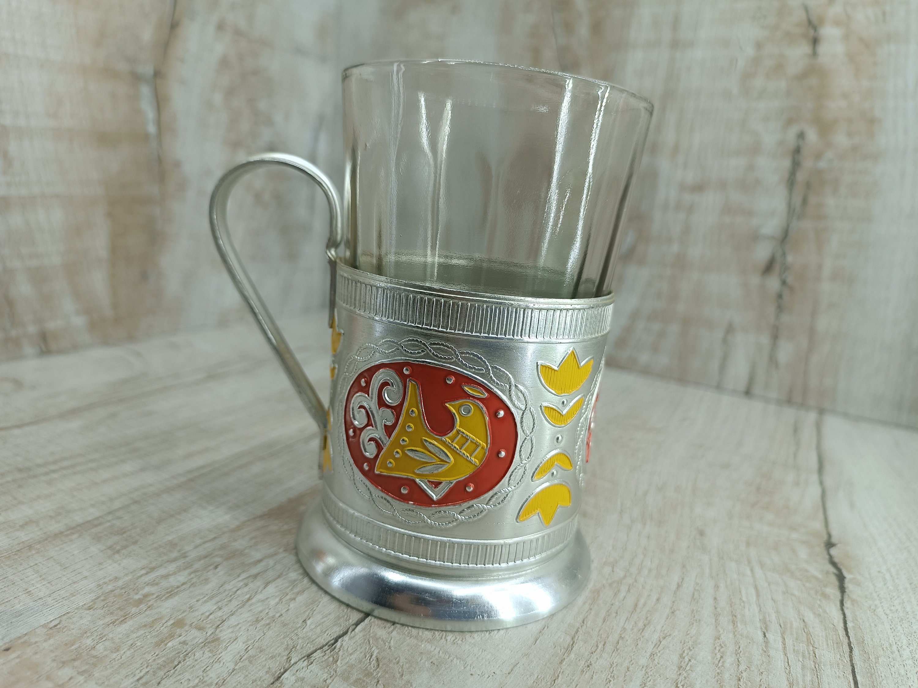 ヴィンテージ ポッドスタカンニク：エナメルの鳥があしらわれた