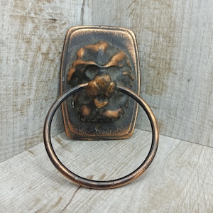 Pode incluir: Um porta-toalha de metal com tom de cobre com um design de cabeça de leão. O anel é preso a uma placa retangular com uma superfície texturizada.