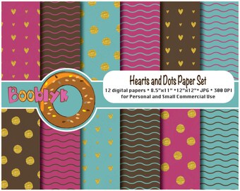 Coeurs d'or et de points papier Pack - lot de 12 papiers digitaux - téléchargement immédiat
