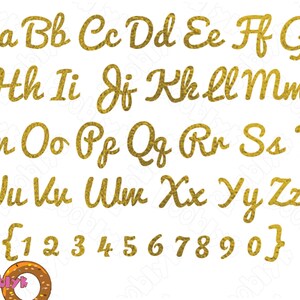 May include: Gold glitter cursive alphabet letters and numbers on a white background. The letters are in uppercase and lowercase, with numbers 0-9. The font is a decorative, handwritten style, suitable for crafts and design projects.