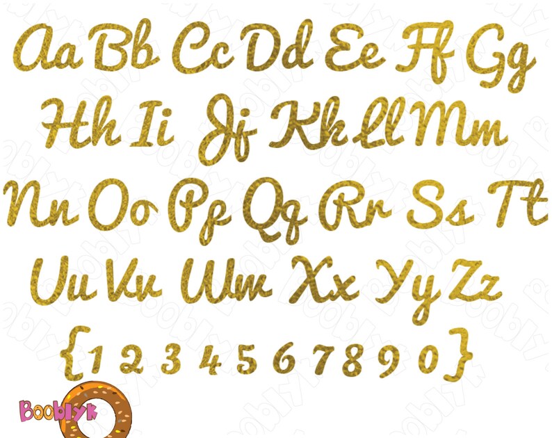May include: Gold glitter cursive alphabet letters and numbers on a white background. The letters are in uppercase and lowercase, with numbers 0-9. The font is a decorative, handwritten style, suitable for crafts and design projects.