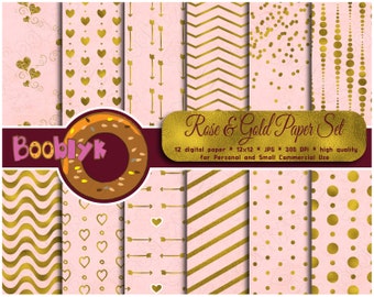 May include: A collection of digital papers with various patterns in rose and gold. Designs include hearts, arrows, chevrons, dots, and stripes. The text "Rose & Gold Paper Set" is displayed, along with the brand name "Booblyk".