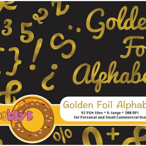 May include: A black background with scattered gold foil letters, numbers, and symbols. The words "Golden Foil Alphabet" are written in gold script. A banner at the bottom reads "Golden Foil Alphabet" and includes file details.
