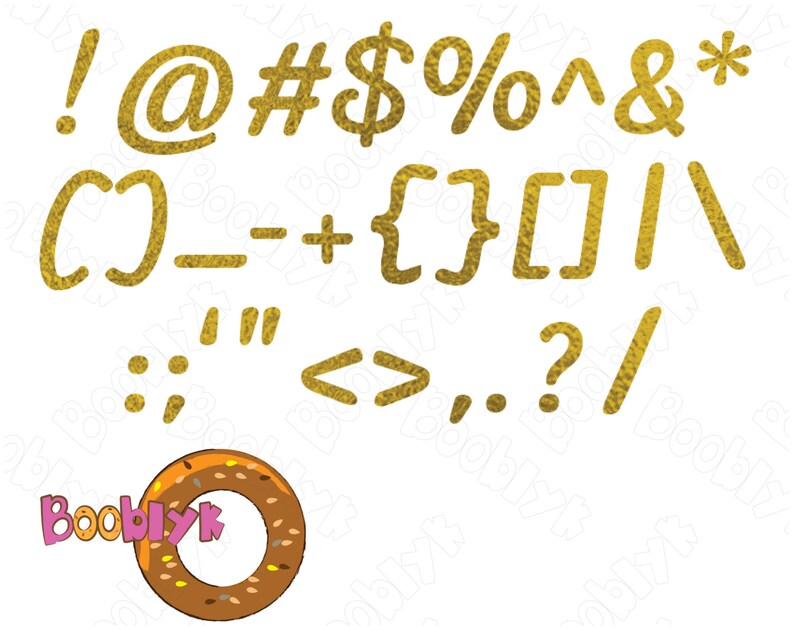 May include: Gold-textured punctuation marks and symbols, including an exclamation point, at symbol, number sign, dollar sign, percent sign, caret, ampersand, asterisk, parentheses, brackets, and more. A logo with the text "Booblyk" is also present.