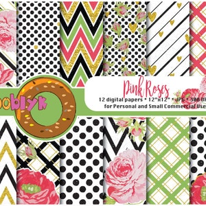 Scrapbook Papiere Digital Papiere 12 x 12 Papier Instant download Papier Blüte rose Pink gold Grünbuch Boho Papierblume und Goldglitter-Papier