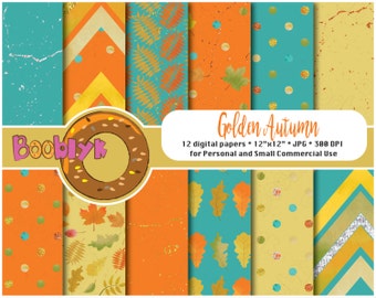 Scrapbook papers Digital papers 12x12 paper Instant download paper Watercolor leaves paper Autumn glitter scrapbook paper Fall leaves paper