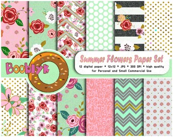 Papeles de Scrapbook papeles Digital papeles 12 x 12 instantánea descarguen papel color de rosa y menta flores lunares de papel
