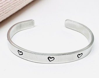 Hearts Cuff Bangle - Hand Stamped - Adjustable Aluminium Cuff Bracelet - Boho