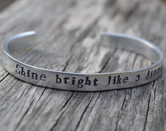 Inspirational Quote Aluminium Cuff Bangle - Hand Stamped Bracelet - Custom Text - Bespoke Gift - Motivational Quote - Shine Bright