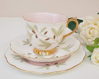 Royal Albert Tea Trio, Braemar Pattern, Vintage Cup Saucer & Plate, Pale Pink, Pine Cones, Soft Green Ferns, Tea Set for 6 or 12 available