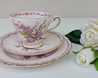 Vintage Tuscan Tea Trio, Palest Pink China, Cherry Blossom Flowers, Cup Saucer & Side Plate, 5 Trios Available,