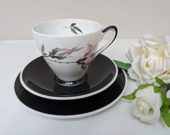 Vintage China Tea Trio, White with Black Trim and Pink Roses, Cup Saucer Tea Plate, Windsor Fine Bone China, Vintage English Tea Set