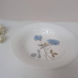 May include: A white ceramic soup bowl with a blue and brown floral design. The bowl features a stylised rose with leaves.