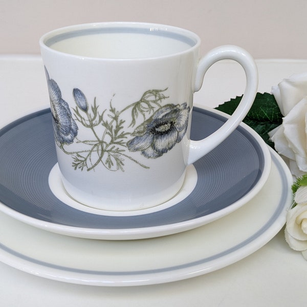 Susie Cooper Coffee Trio, Glen Mist, Wedgwood, Grey Anemones, Vintage Coffee Can, English Fine Bone China, Coffee Cup, Saucer and Plate,