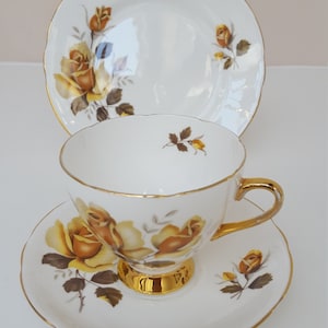 Vintage Gold Roses Tea Trio, Gladstone China, 1960s Bone China, Cup Saucer Plate, Wedding China, Romantic Gift, Baby Shower,