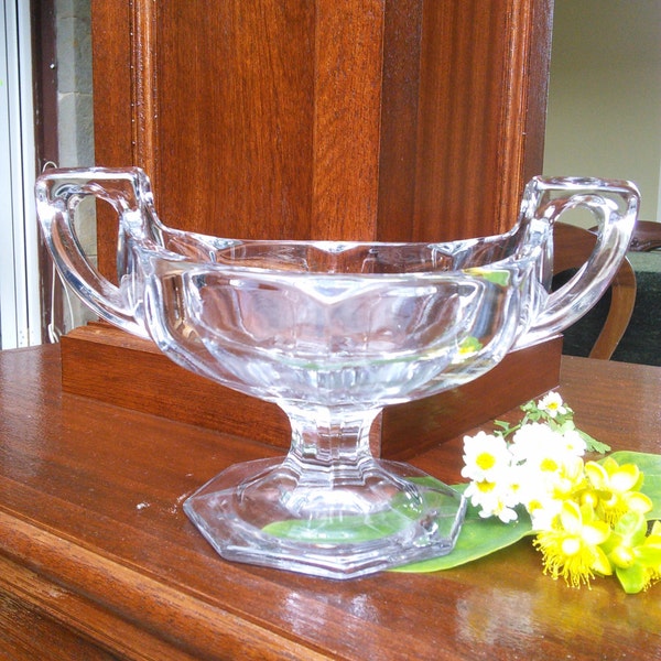 Art Deco Bowl, 'Chippendale' Style, Twin Handled Bowl, Clear Glass Vase, 1950s, Decorative Glass Vase,