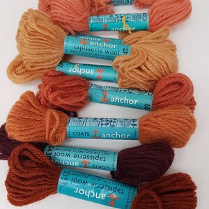 Pode incluir: Uma cole&ccedil;&atilde;o de dez novelos de l&atilde; Anchor Tapisserie em v&aacute;rios tons de laranja, marrom e vermelho. A l&atilde; &eacute; embalada em etiquetas azuis e brancas com o logotipo da Anchor e o texto "Tapisserie Wool" e "Fast Colour/Moth Resistant".
