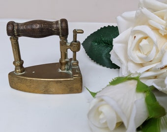 Rare Miniature Brass Slug Iron, Victorian Box Iron, Dollhouse Furniture, Collectable Miniature Iron, Antique Slug Iron with Wooden Handle