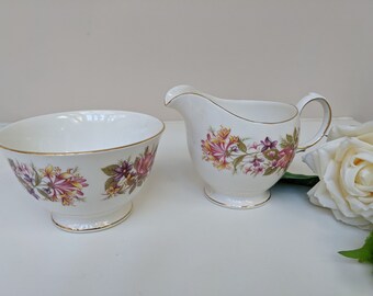 Sugar Bowl and Creamer Set, Wayside Pattern, Honeysuckle Hedgerow Flowers, 1960s Colclough China, Sugar Bowl and Milk Jug,