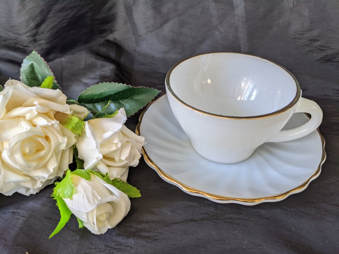 Anchor Hocking Milk Glass Cup and Saucer White With Gold Rim Etsy