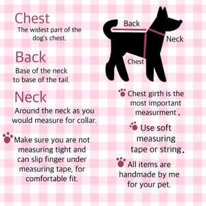 May include: A pet measurement guide featuring a black dog silhouette on a pink gingham background. Text labels indicate how to measure the chest, back, and neck. Instructions advise using a soft measuring tape and ensuring a comfortable fit.