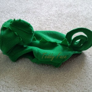 May include: A bright green, handmade chameleon hat made of soft fabric. The hat features a curled tail and a spiky head crest. The text "Teddy Face" is printed in gold on the hat.
