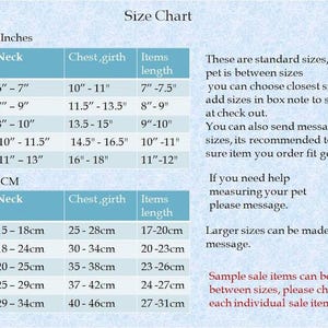 May include: A size chart for pet clothing, with measurements in inches and centimeters. The chart includes neck, chest girth, and item length for sizes XXS to L. Additional notes provide sizing guidance.