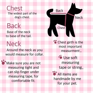May include: Diagram illustrating how to measure a dog for clothing. The image shows a black silhouette of a dog with labeled areas: chest, back, and neck. Text explains measurement points and provides tips for accurate sizing.