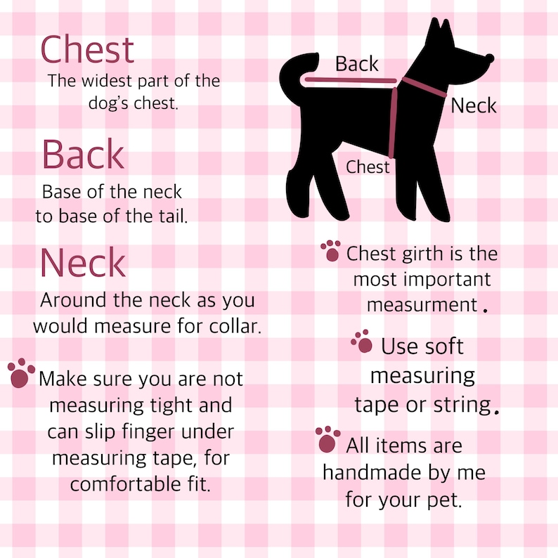 May include: Diagram illustrating how to measure a dog for clothing. The image shows a black silhouette of a dog with labeled areas: chest, back, and neck. Text explains measurement points and provides tips for accurate sizing.