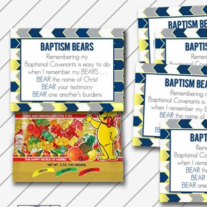 LDS Baptism Bears Tag, 2.5x3.5 Card, Digital Printable, Yellow Navy and Gray - Instant Download - Can Customize