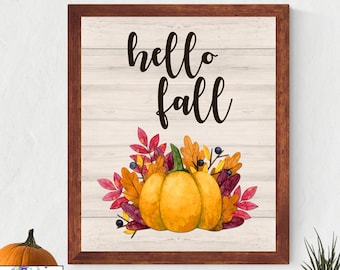 Decoración de otoño de calabaza - Otoño imprimible - digital - 16x20, 11x14, 8x10, 5x7 - Hola otoño - Impresión de grano de madera- Calabaza de acuarela -Descarga instantánea