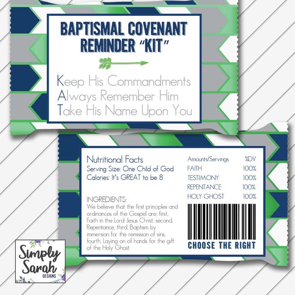 LDS Baptism Kit Kat Candy Tag Card, Digital Printable, Navy Green and Gray - Instant Download - Can Customize