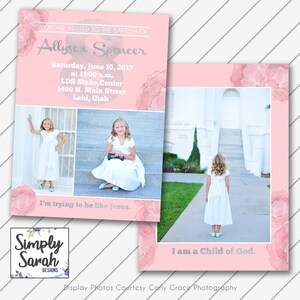 LDS Baptism Invitation - Pink and Gray Watercolor - 5x7 LDS Baptism Card Printable - Will Customize and Email within 24 hours