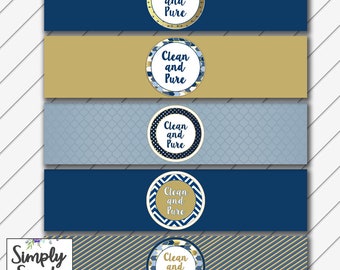 Printable Baptism Water Bottle Labels - Navy and Gold- LDS Baptism, Party, Clean and Pure - Instant Download - Can Customize