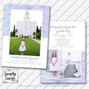 LDS Baptism Invitation - Blue and Purple Watercolor - 5x7 LDS Baptism Card Printable - Will Customize and Email within 24 hours