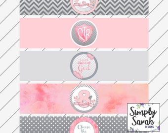 Printable Baptism Water Bottle Labels - Pink and Gray- LDS Baptism, Party, CTR, 8, Child of God - Instant Download - Can Customize